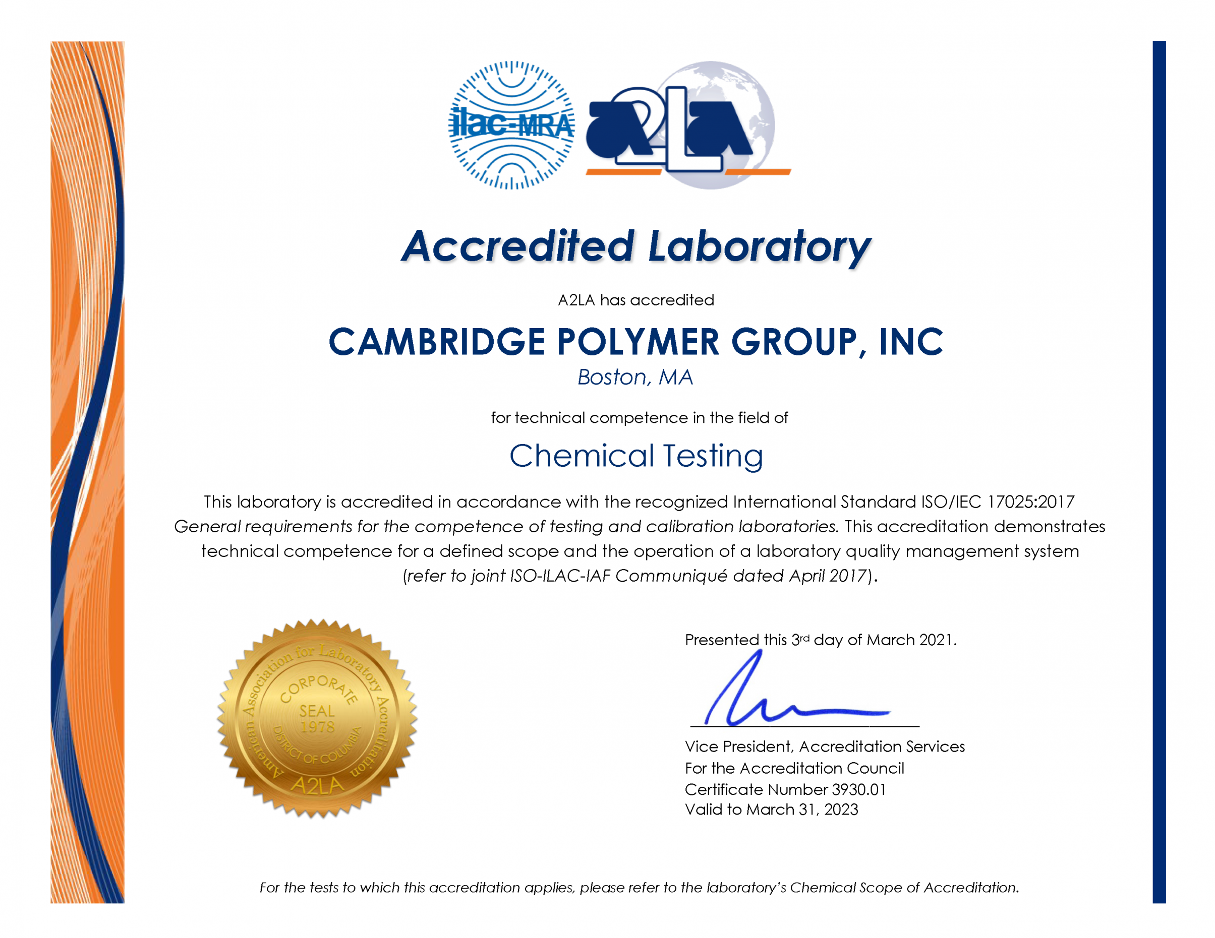 Cambridge Polymer Group :: ISO 17025:2017 Certification Number 3930.01